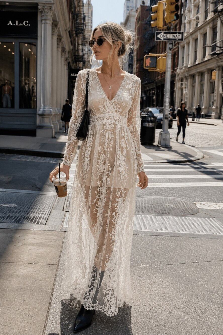 Altar’d State NWT Ivory Lace Nude Underlay V Neck Maxi Dress Sz Med